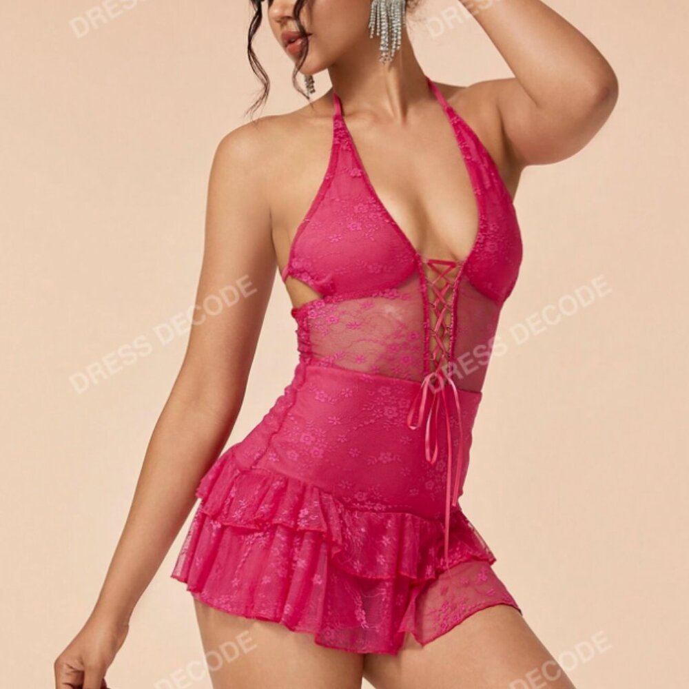 Sexy pink lace halter mini dress